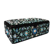 Load image into Gallery viewer, Vintage inspired black velvet treasure box, keepsake box, trinket box embroidered with blue flowers and rubies.