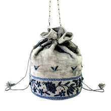 Load image into Gallery viewer, Luxury gray velvet bucket bag embroidered with blue flowers and embellished with turquoise stones.