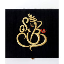 Load image into Gallery viewer, Designer black silk presentation box embroidered with gold Lord Ganesha, zardozi box.
