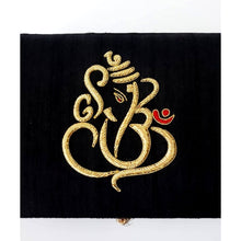 Load image into Gallery viewer, Designer black silk presentation box embroidered with gold Lord Ganesha, zardozi box.