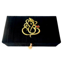 Load image into Gallery viewer, Luxury black silk Hindu presentation gift box embroidered with gold Lord Ganesha.
