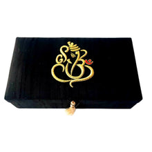 Load image into Gallery viewer, Luxury black silk Hindu presentation gift box embroidered with gold Lord Ganesha.