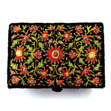 Load image into Gallery viewer, Luxury hand embroidered black velvet keepsake box embroidered with red silk flowers and inlaid with ruby, zardozi box. 
