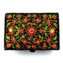 Load image into Gallery viewer, Luxury hand embroidered black velvet keepsake box embroidered with red silk flowers and inlaid with ruby, zardozi box.