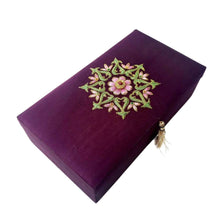 Load image into Gallery viewer, Luxury purple silk floral embroidered jewelry box, jewelry storage box with ruby. 
