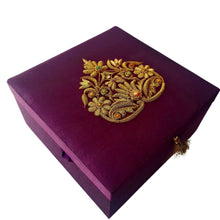 Load image into Gallery viewer, Luxury purple and copper embroidered silk jewelry storage box, zardozi box. 
