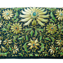 Load image into Gallery viewer, Luxury green silk evening bag with shoulder chain, hand embroidered with chartreuse green silk flowers and embellished with emeralds, zardozi, close up view.