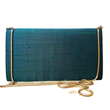 Load image into Gallery viewer, Evergreen dupioni silk handbag with gold chain, rear view. 
