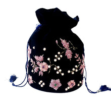 Load image into Gallery viewer, Navy blue velvet potli bag bucket bag embroidered with pink metallic flowers and inlaid with semi precious stones, Indian potli bag.
