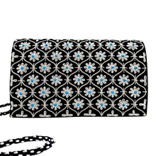 Load image into Gallery viewer, Luxury black velvet evening clutch bag embroidered in a silver geometric diamond trellis pattern with small flowers embellished with genuine turquoise gemstones, wedding clutch, black and silver purse.