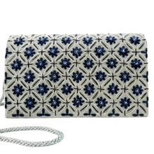 Load image into Gallery viewer, Luxury gray velvet evening clutch bag embroidered with silver geometric circle pattern with small navy blue flowers and embellished with genuine amethyst gemstones, formal clutch, silver and gray and blue zardozi purse.