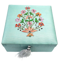 Load image into Gallery viewer, Pale blue silk keepsake box hand embroidered with colorful flowers and semi precious gemstones, zardozi box.
