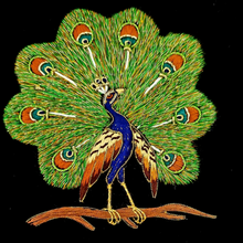 Load image into Gallery viewer, Elegant keepsake box, memory box, trinket box embroidered with colorful peacock., close up view. 
