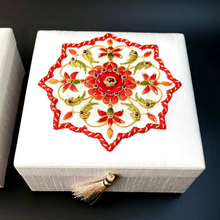 Load image into Gallery viewer, White silk wedding keepsake box embroidered with red flowers and ruby, zardozi box.