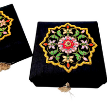Load image into Gallery viewer, Luxury black silk keepsake box, memory box, treasure box embroidered with colorful flowers and ruby.
