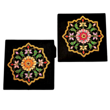 Load image into Gallery viewer, Two black silk keepsake boxes, memory boxes, trinket boxes embroidered with orange or pink flowers and embellished with ruby and emerald gemstones.
