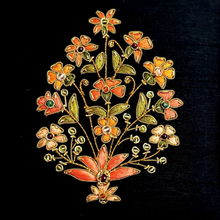 Load image into Gallery viewer, Hand embroidered orange flowers on black silk jewelry storage box, with semi precious stones., close up view.