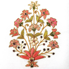 Load image into Gallery viewer, White silk wedding memory box embroidered with peach colored flowers and ruby.