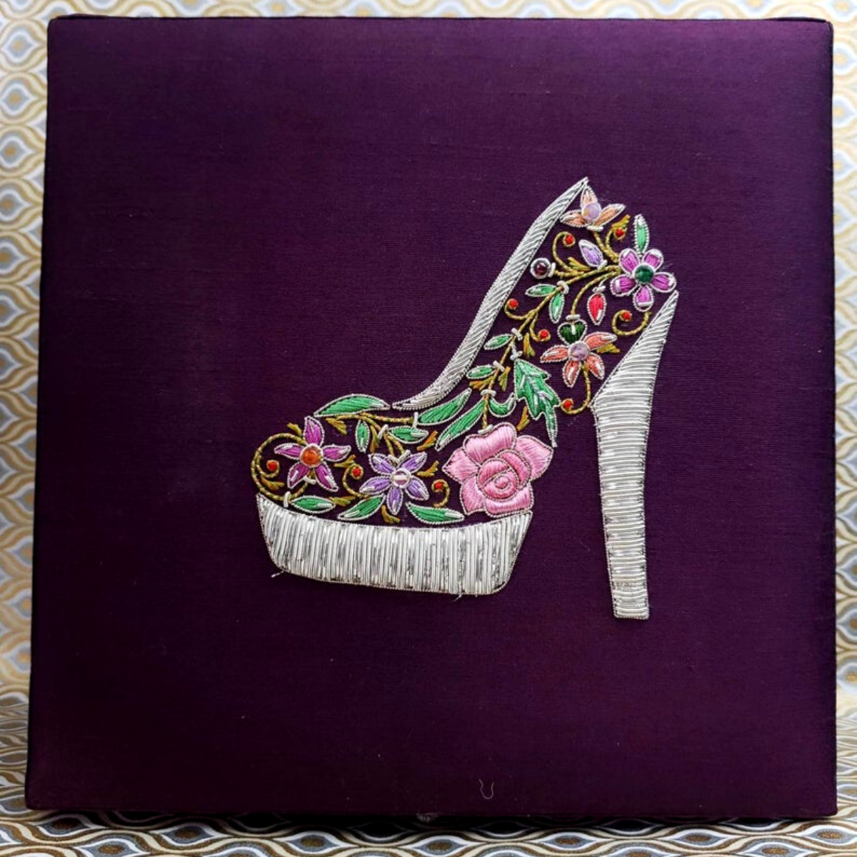 Embroidered Purple Keepsake Box with Shoe
