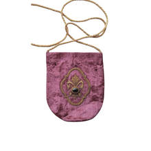 Load image into Gallery viewer, Luxury mauve crushed velvet slim crossbody bag embroidered with copper colored fleur de lys and inlaid with black onyx stone, zardozi purse. 
