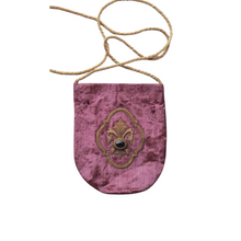 Load image into Gallery viewer, Luxury mauve crushed velvet slim crossbody bag embroidered with copper colored fleur de lys and inlaid with black onyx stone, zardozi purse.