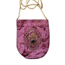Load image into Gallery viewer, Fleur de lys embroidered on purple crossbody bag with onyx stone. 
