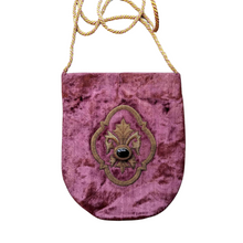 Load image into Gallery viewer, Fleur de lys embroidered on purple crossbody bag with onyx stone.