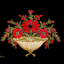 Load image into Gallery viewer, Red Flowers in Gold Vase