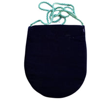 Load image into Gallery viewer, Embroidered geometric blue pattern on black velvet crossbody bag, back view.