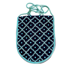 Load image into Gallery viewer, Designer black velvet slim crossbody bag hand embroidered with turquoise and silver, and embellished with turquoise stones, zardozi purse.
