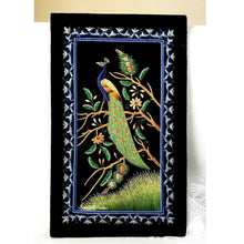 Load image into Gallery viewer, Hand embroidered peacock wall art, velvet and silk peacock tapestry, zardozi tapestry.