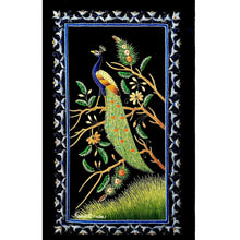Load image into Gallery viewer, Luxury peacock needlepoint art, wall tapestry of silk and velvet with semi precious stones.