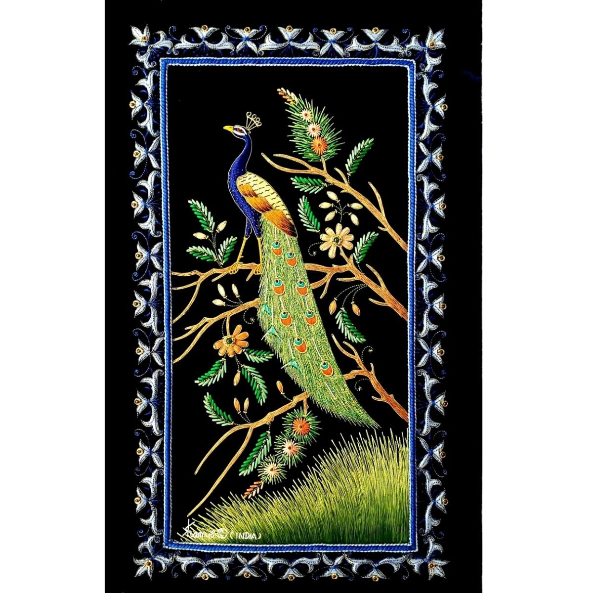 Luxury peacock needlepoint art, wall tapestry of silk and velvet with semi precious stones. 