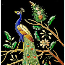 Load image into Gallery viewer, Hand embroidered peacock in a tree, embroidered peacock tapestry, zardozi wall art.