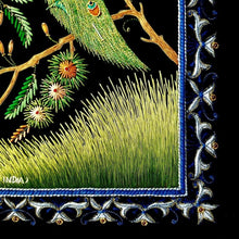 Load image into Gallery viewer, Embroidered peacock tapestry, close up view of border.