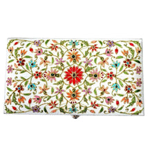Load image into Gallery viewer, White silk memory box hand embroidered with silk flowers and semi precious gemstones., wedding keepsake box.