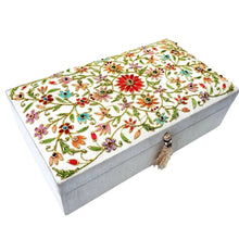 Load image into Gallery viewer, White silk bridal keepsake box, hand embroidered with colorful flowers and semi precious gemstones.
