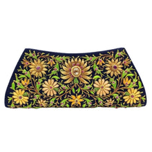 Load image into Gallery viewer, Luxury black silk clutch embroidered with yellow gold silk flowers and embellished with citrine and rubies, zardozi evening bag.