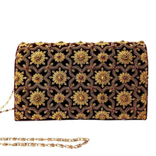 Load image into Gallery viewer, Exclusive designer luxury purple velvet clutch bag with copper flowers and tiger eye and garnet gemstones, zardozi purse. 
