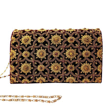 Load image into Gallery viewer, Luxury black velvet evening clutch bag embroidered with geometric pattern of antique gold eight sided star and flowers and embellished with tiger eye gemstones, formal purse, black and gold zardozi purse.