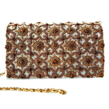 Load image into Gallery viewer, Luxury gray velvet evening clutch bag embroidered with geometric pattern of antique gold eight sided star and flowers and embellished with tiger eye gemstones, formal purse, gray and gold zardozi purse.
