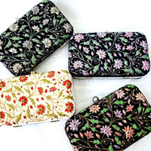 Load image into Gallery viewer, Set of four velvet hard case clutch bags embroidered with flowers and inlaid with rubies, zardozi purse. 
