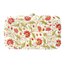 Load image into Gallery viewer, Bridal clutch bag on ivory velvet embroidered with red flowers and embellished with genuine ruby gemstones, zardozi purse.