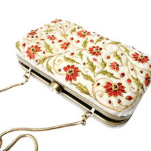 Load image into Gallery viewer, Wedding clutch for bride, ivory velvet hard case clutch embroidered with red flowers and inlaid with rubies.