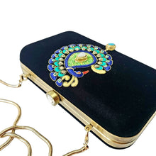 Load image into Gallery viewer, Exclusive embroidered peacock on black velvet evening bag embellished with turquoise stone and moonstone, top view.