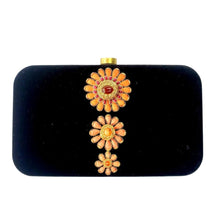 Load image into Gallery viewer, Luxury black velvet hard case clutch bag minaudiere hand embroidered with peach orange flowers and embellished with semi precious gemstones, zardozi purse. 
