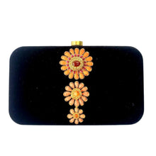 Load image into Gallery viewer, Luxury black velvet hard case clutch bag minaudiere hand embroidered with peach orange flowers and embellished with semi precious gemstones, zardozi purse.