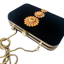 Load image into Gallery viewer, Hand embroidered orange flowers on black velvet evening clutch bag inlaid with semi precious gemstones. 
