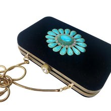 Load image into Gallery viewer, Luxury black velvet hard case clutch minaudiere hand embroidered with large turquoise blue flower and inlaid with turquoise stone.