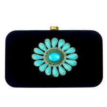 Load image into Gallery viewer, Turquoise flower hand embroidered on black velvet hard case clutch bag and embellished with turquoise stone, zardozi purse.